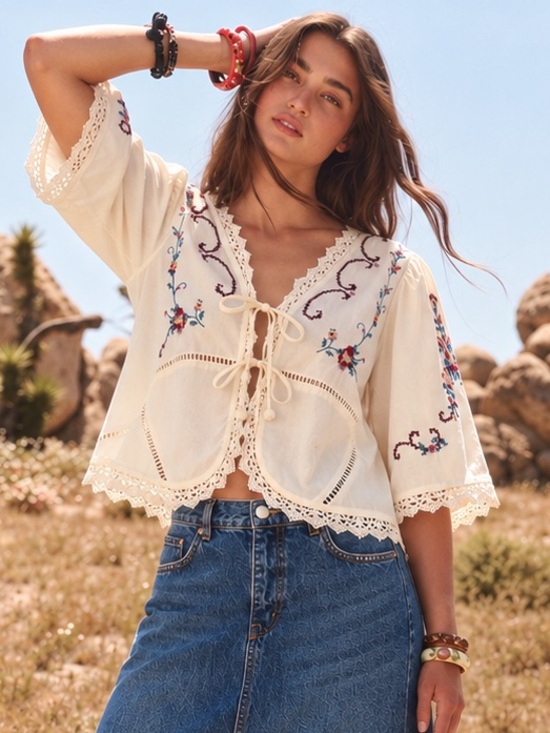 Jennifer & Grace Tops - *SOLD* Jennifer & Grace Embroidered Cotton Peasant Blouse Boho Cottagecore L